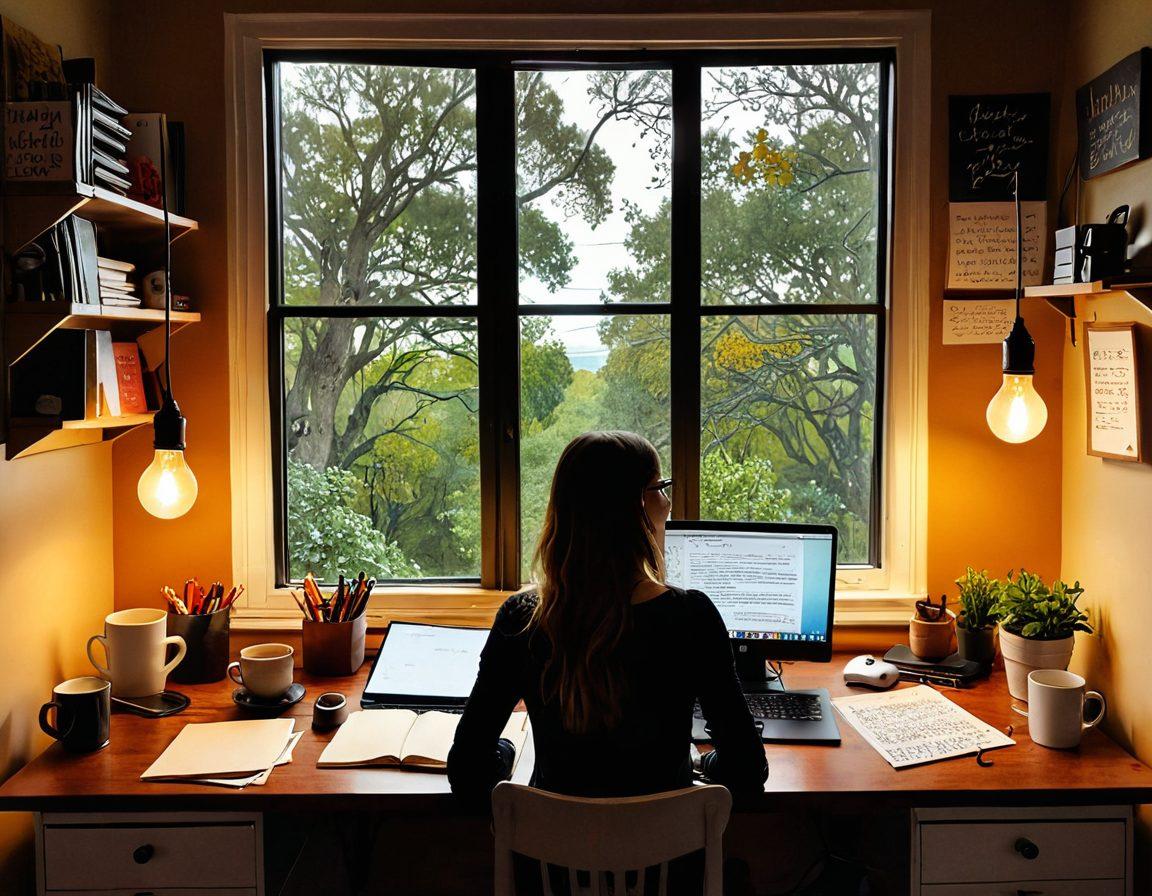 A vibrant scene depicting a writer lost in thought at a cozy desk, surrounded by whimsical floating words and phrases representing creative ideas. Illustrate a journey from a lightbulb moment to a finished blog post on a laptop screen, with a scenic window view of nature for inspiration. Include elements like coffee cups, notepads, and digital devices. warm colors. illustrative style.
